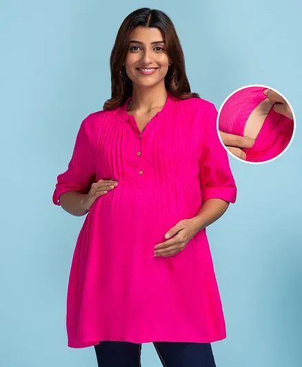 Bella Mama 3/4th Sleeve Rayon Dobby Top With Pleats - Fuchsia