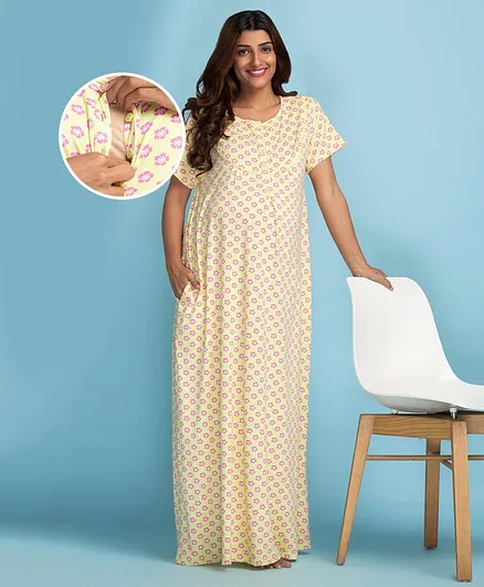 Bella Mama Half Sleeves Cotton Maternity and Nursing Nighty Floral Print - Green