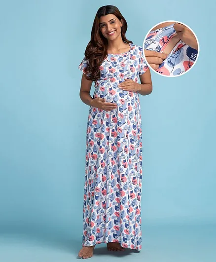 Bella Mama Half Sleeves Cotton Maternity and Nursing Nighty Printed - Blue