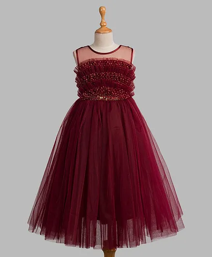 Toy Balloon Sleeveless Embellished Ruffle Bodice And Skirt Party Dress - Maroon