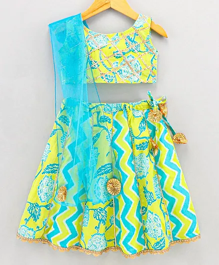 Teentaare Sleeveless Choli With Lehenga & Dupatta Set Ethnic Print - Green Yellow