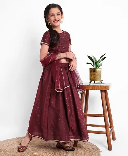 Pine Kids Half Sleeves Embroidered Choli with Lehenga and Dupatta - Maroon