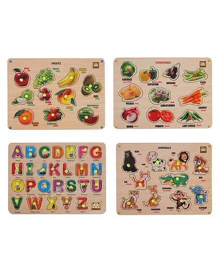 Mindmaker Wooden Animals Alphabets Vegetables Fruits Puzzle With Knobs Educational and Learning Pack Of 4 Multicolour - 54 Pieces