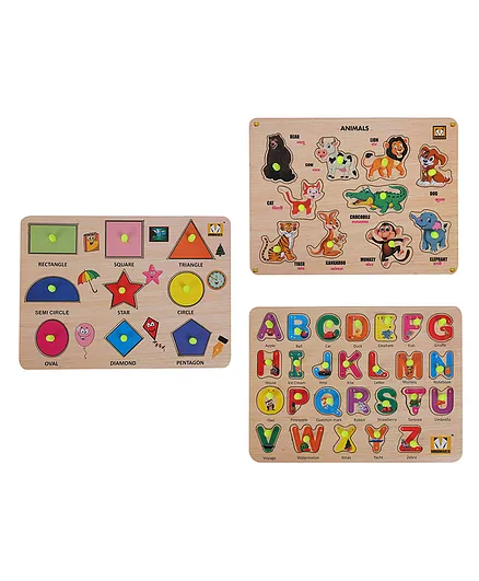 MINDMAKER Wooden Animals, Alphabets, Shapes Puzzle with Knobs Educational and Learning Toy for Kids