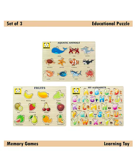 MINDMAKER - Wooden Alphabets, Fruits, Aquatic Animals Puzzle with Knobs Educational and Learning Toy for Kids(Color May Vary)