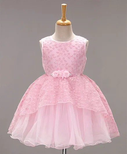 Babyhug Woven Sleeveless Asymmetrical Party Frock Floral Embroidered - Pink