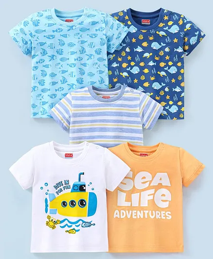 Babyhug Cotton Knit Half Sleeves Striped T-Shirt Whale Print Pack of 5 - White Blue & Orange