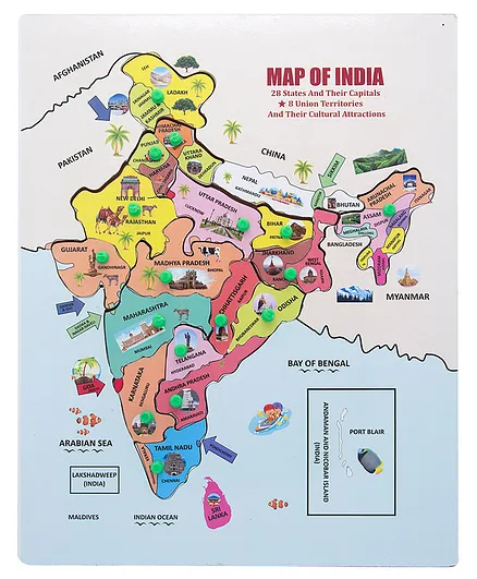 MINDMAKER India Map Wooden Knob & Peg Puzzle - 18 Pieces