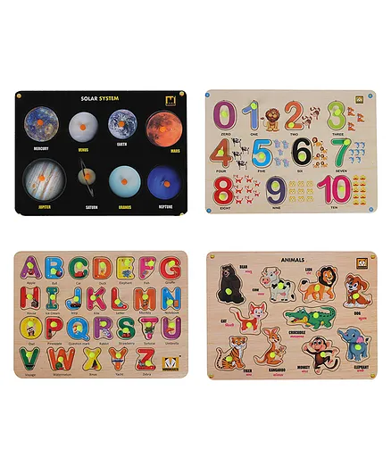 MINDMAKER Solar System Alphabets Animals Number Wooden Knob & Peg Puzzle - 52 Pieces