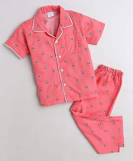 Polka Tots Half Sleeves Panda Print Night Suit - Pink