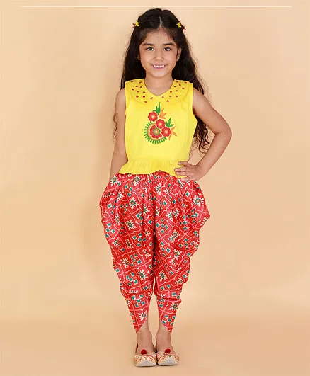 KID1 Sleeveless Floral Embroidered Top With Dhoti - Yellow & Red