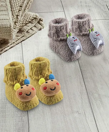 Baby Moo Pack Of 2 Pairs Crochet Animals Cartoon Design Booties - Yellow & Grey