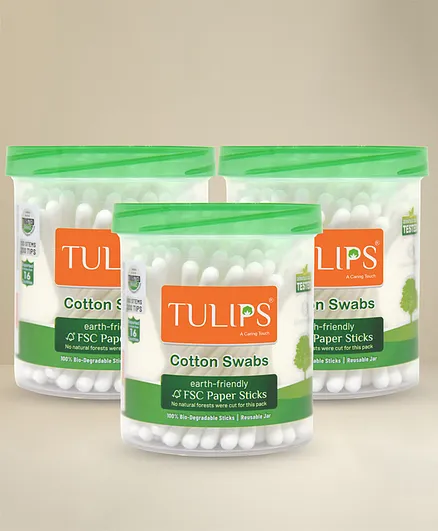 Tulips Biodegradable Cotton Buds Swabs Pack of 3 - 100 Pieces Each