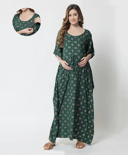 Aujjessa Batwing Sleeves Motif Detail Foil Printed Maternity Kaftan Dress - Green