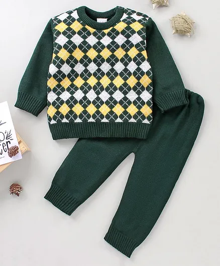 Babyhug Full Sleeves Sweater Set Checked Design - Olive