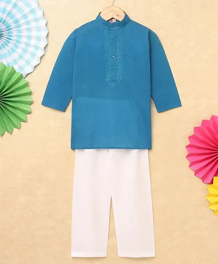 Fuzzy Bear Cotton Full Sleeves Solid Kurta With Pajama - Blue