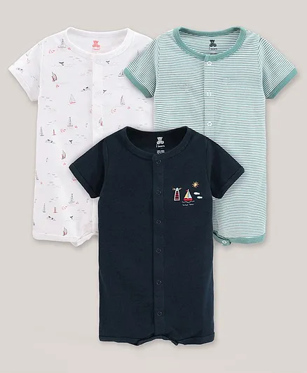 I Bear Cotton Knit Half Sleeve Striped & Lighthouse Printed Printed Rompers Pack Of 3 - Blue Black & White