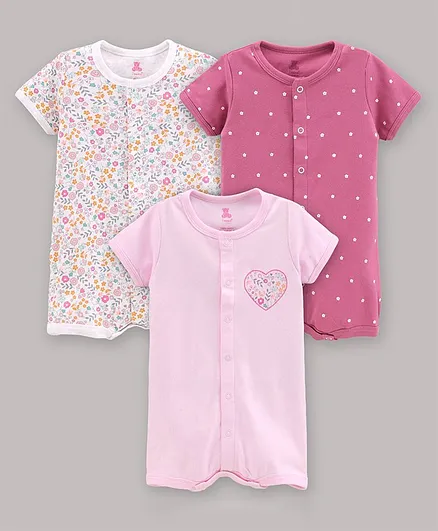 I Bear Cotton knit Half Sleeves Floral Printed Rompers Pack Of 3 - White & Pink