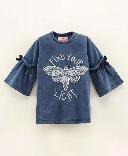 Under Fourteen Only Three Fourth Flutter Sleeves Find Your Light Placement Embroidered & Lace Detail Top - Blue