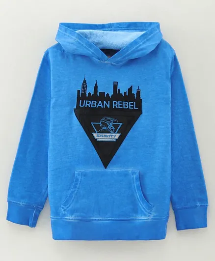 Under Fourteen Only Full Sleeves Urban Rebel Chest Printed & Placement Embroidered Sweatshirt With Front Pockets - Blue