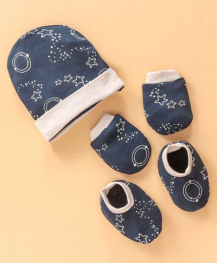 OHMS Cotton Cap Mittens & Booties Set Printed Blue - Diameter 11 cm