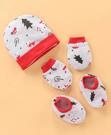 OHMS Cotton Cap Mittens & Booties Set Printed White Red - Diameter 10 cm