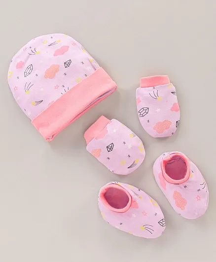 OHMS Cotton Cap Mittens & Booties Set Printed Pink - Diameter 11 cm