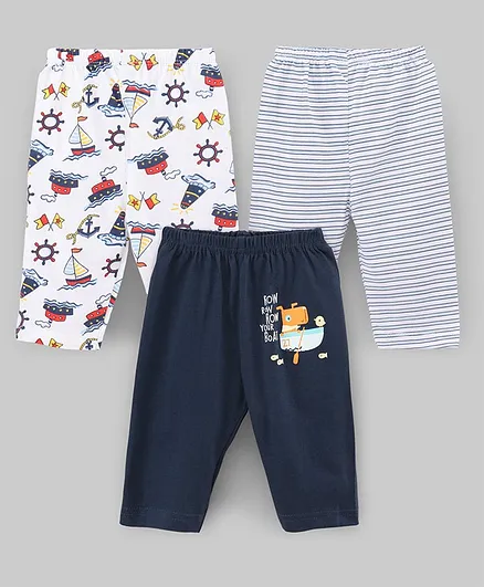 OHMS Full Length Striped Lounge Pants Boats Print Pack of 3 - Blue Navy White