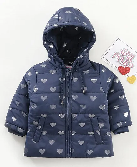 Babyhug Full Sleeves Hooded Jacket Heart Print - Navy Blue