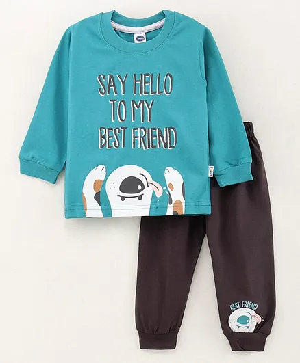 Teddy Full Sleeves Pyjama Set Text Print - Green