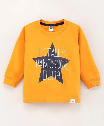 Teddy Cotton Full Sleeves T-Shirt Text Printed- Sand Yellow
