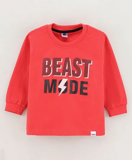 Teddy Full Sleeves Cotton T-shirt Placement Print- Red