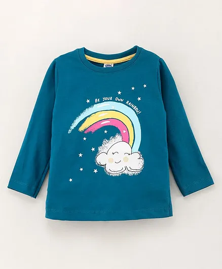 Teddy Full Sleeves Cotton Top Cloud & Rainbow Print- Blue