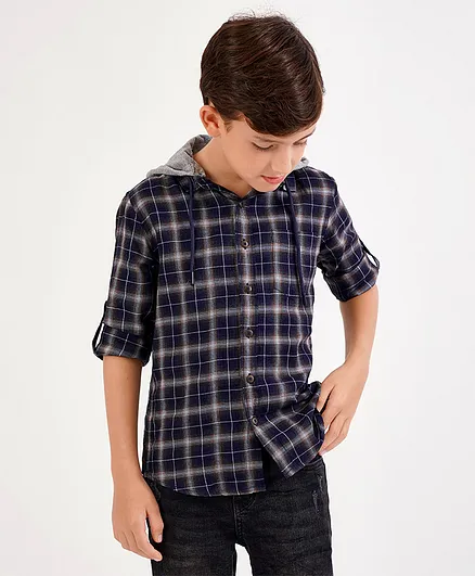 Primo Gino 100% Cotton Hooded Check Shirt With Sleeve Turn Up - Navy