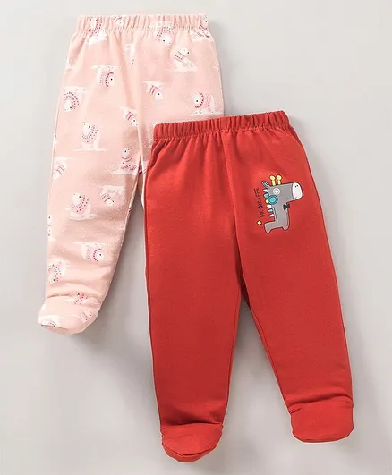 OHMS Full Length Cotton Bootie Leggings Printed Pack of 2- Red Pink
