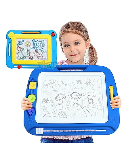 Toyshine 2 In 1 Magic Magnetic Slate With Shapes Stamps & Pen Erasable Doodle Pad Board - Blue