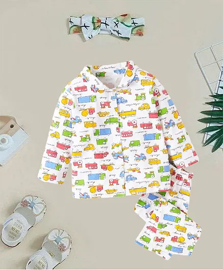 babywish 100% Cotton Full Sleeves Car Print Night Suit - Yellow