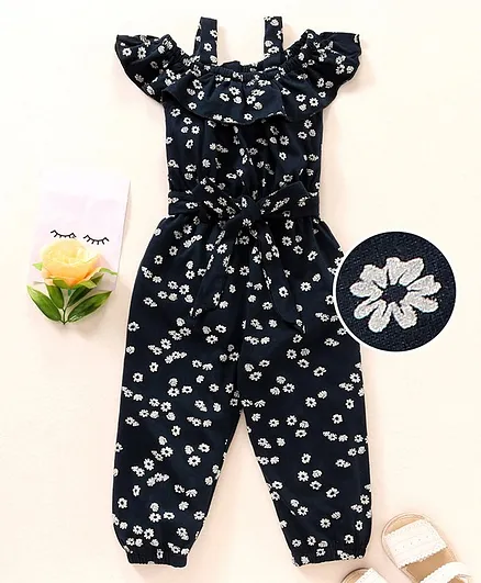 Babyhug 100 % Cotton Sleeveless Jumpsuit With Bow Belt Floral Print- Blue