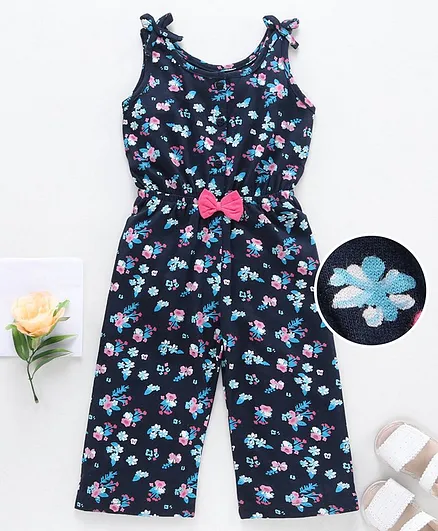 Babyhug Cotton Sleeveless Jumpsuit Floral Print - Navy Blue