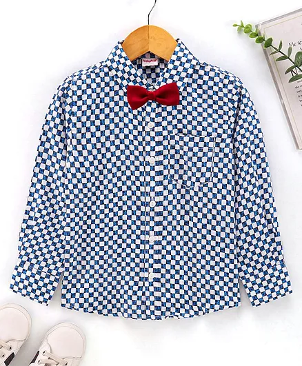 Babyhug Party Wear Full Sleeves Checks Shirt With Bow - Blue White