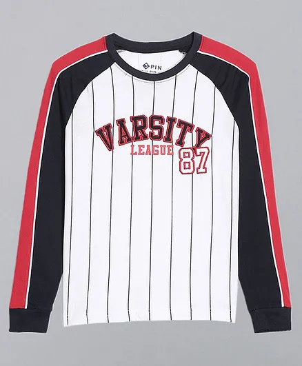 3PIN Full Sleeves Varsity Text & Lines Print Color Block Sleeves Detailing Tee - White
