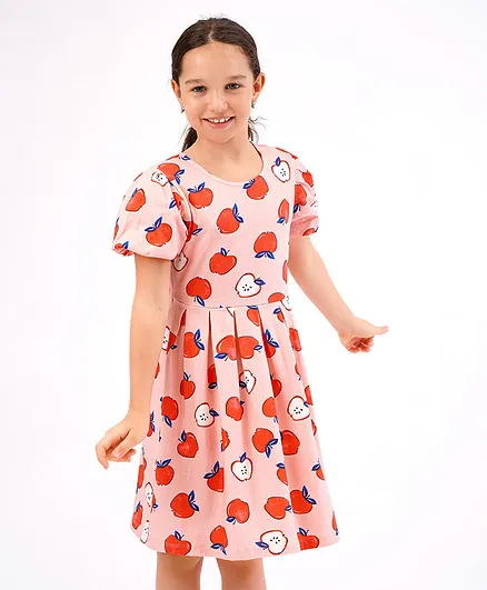 Primo Gino Puff Sleeves All Over Fruit Digital Print Dress in Cotton Elastane fabric - Peach
