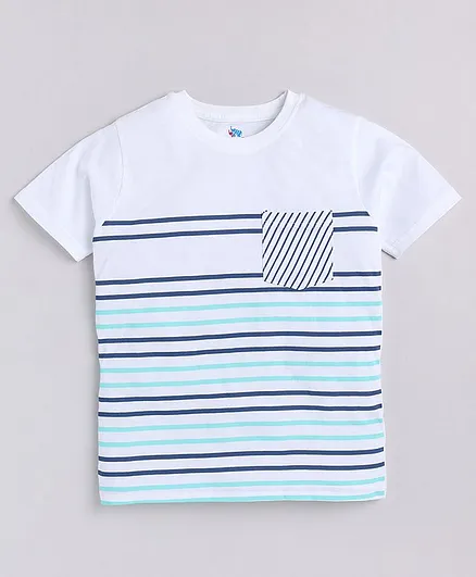 DEAR TO DAD Half Sleeves Striped Tee With Front Pocket - White & Blue