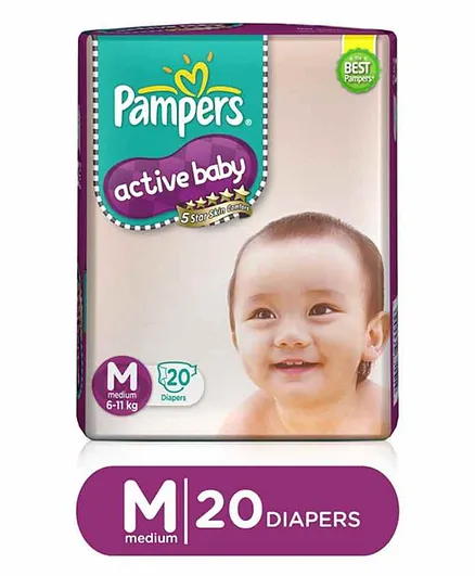 Pampers Active Baby Taped Diapers, Medium size diapers, (MD) 20 count, taped style custom fit