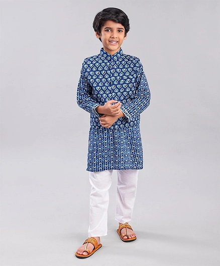 Teentaare Full Sleeves Kurta & Pyjama With Jacket Floral Print - Blue White