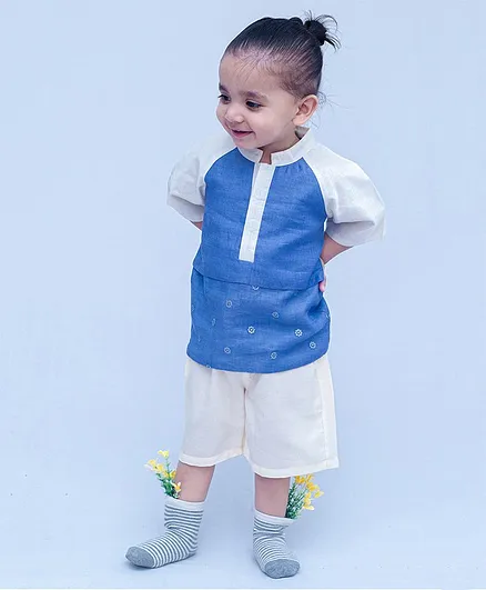 SnuggleMe Boys Chanderi PartyWear Short Kurta - Blue & Offwhite