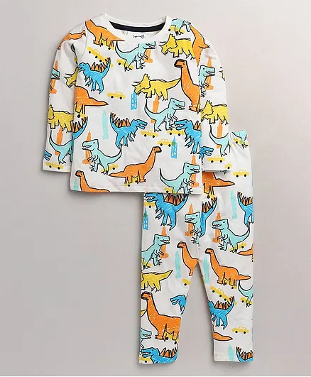 Little Marine Full Sleeves All Over Dinosaur Print Night Suit - Cream