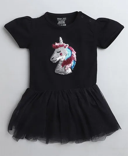 Polka Tots Half Sleeves Sequin Embellished Unicorn Patch Detail Flared Tulle Romper Onesie - Black