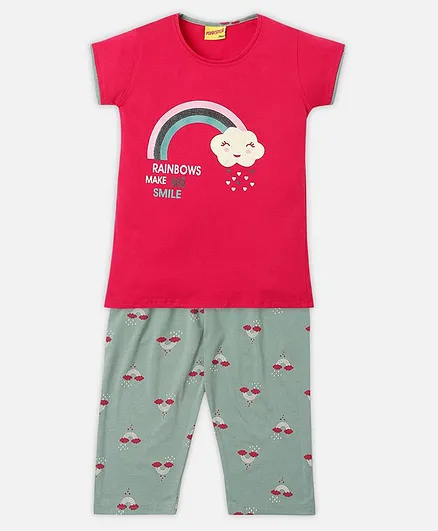 punkster Short Sleeves Rainbow Make Me Smile With Clouds Placement Printed Tee With Capri Set - Pink