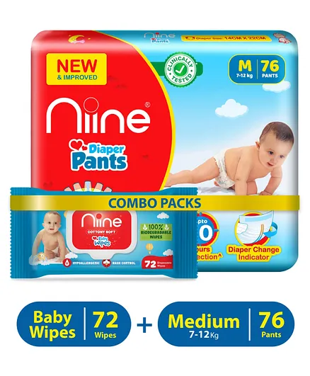 Niine Combo of Cottony Soft Baby Diaper Pants with Diaper Change Indicator Medium Size 76 Pantss and Biodegradable Baby Wipes with lid 72 Pantss